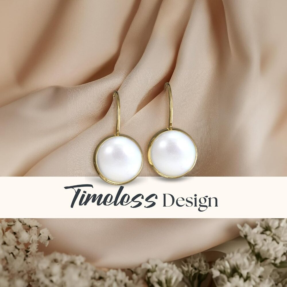 14k Solid Yellow Gold Pearl Earrings - June Birthstone Earrings - 8mm Dangle Ear - Picture 4 of 7